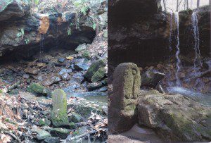 Nostitzský mezník pod "vodopádem" v Těšovicích. Vlevo současný stav, vpravo fotka z knihy "Obec Těšovice"